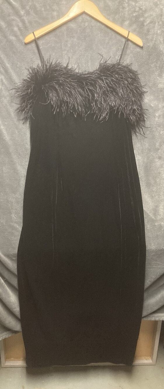 VTG 90s Alex Evenings Black Velvet Dress 14 Ostrich Feathers USA Whimsigoth Glam